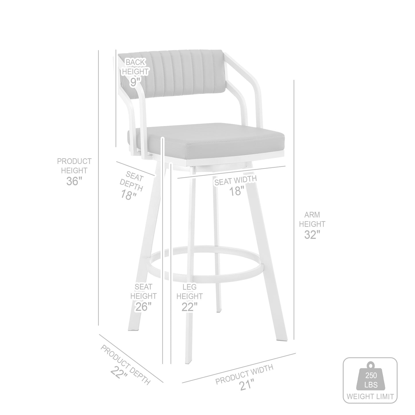 26" White And Silver Iron Swivel Low Back Counter Height Bar Chair