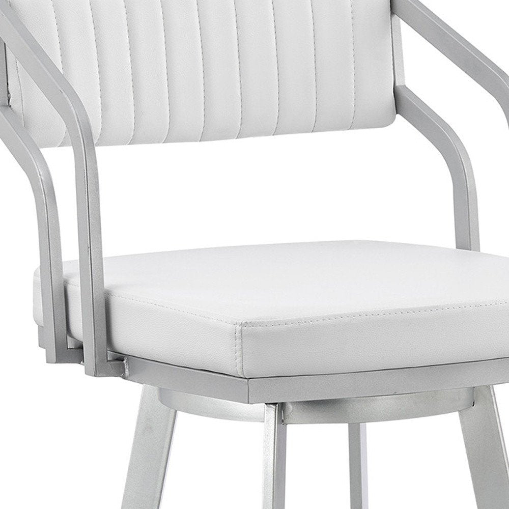 26" White And Silver Fabric And Iron Low Back Counter Height Swivel Bar Chair