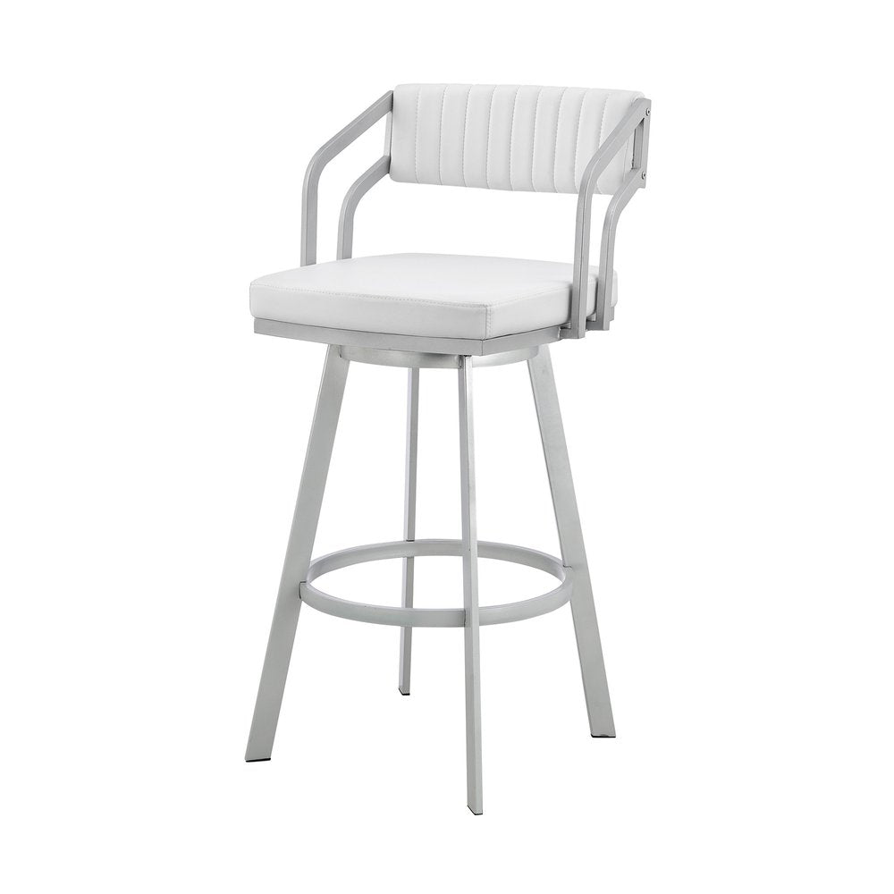 26" White And Silver Fabric And Iron Low Back Counter Height Swivel Bar Chair
