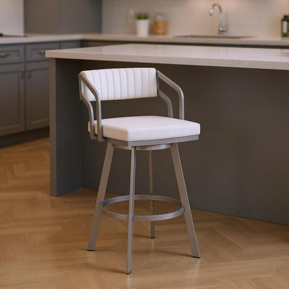 26" White And Silver Fabric And Iron Low Back Counter Height Swivel Bar Chair