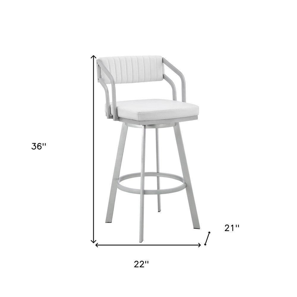 26" White And Silver Fabric And Iron Low Back Counter Height Swivel Bar Chair