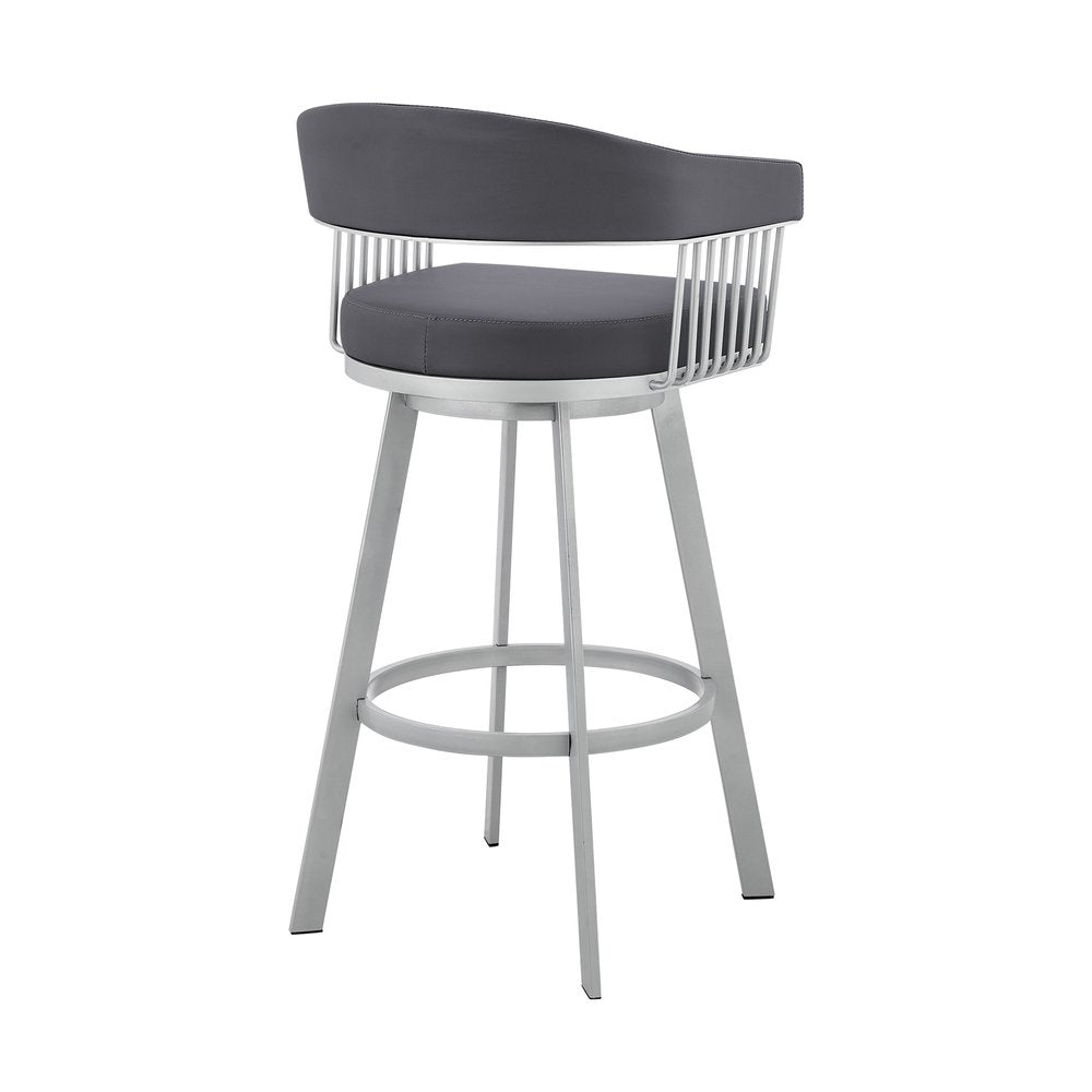 25" Slate Gray And Silver Fabric And Iron Low Back Counter Height Swivel Bar Chair