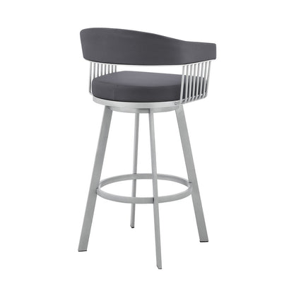 25" Slate Gray And Silver Fabric And Iron Low Back Counter Height Swivel Bar Chair
