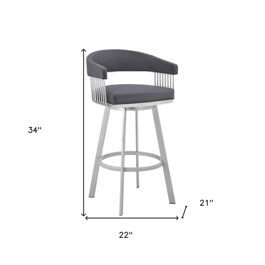 25" Slate Gray And Silver Fabric And Iron Low Back Counter Height Swivel Bar Chair