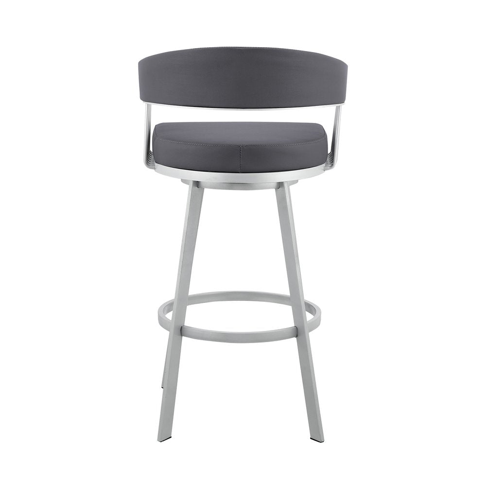 29" Slate Gray And Silver Fabric And Iron Low Back Bar Height Swivel Bar Chair