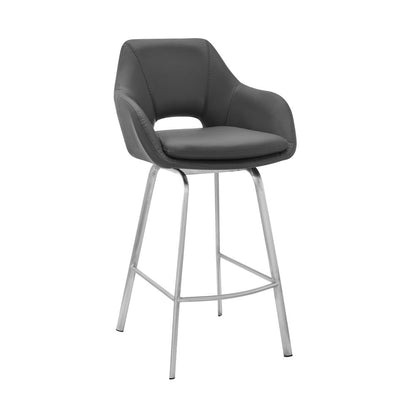 30" Gray And Silver Fabric And Iron Low Back Bar Height Swivel Bar Chair