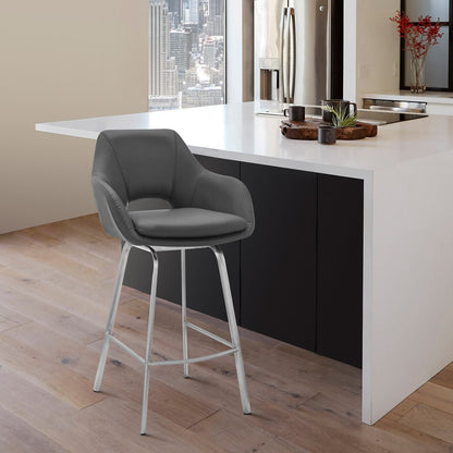 30" Gray And Silver Fabric And Iron Low Back Bar Height Swivel Bar Chair