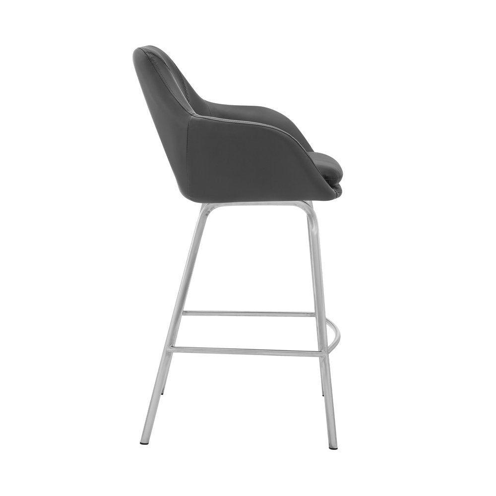 30" Gray And Silver Fabric And Iron Low Back Bar Height Swivel Bar Chair