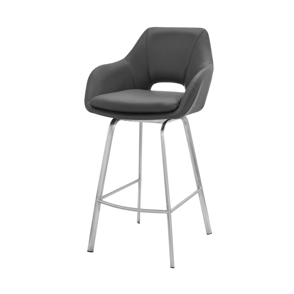 30" Gray And Silver Fabric And Iron Low Back Bar Height Swivel Bar Chair