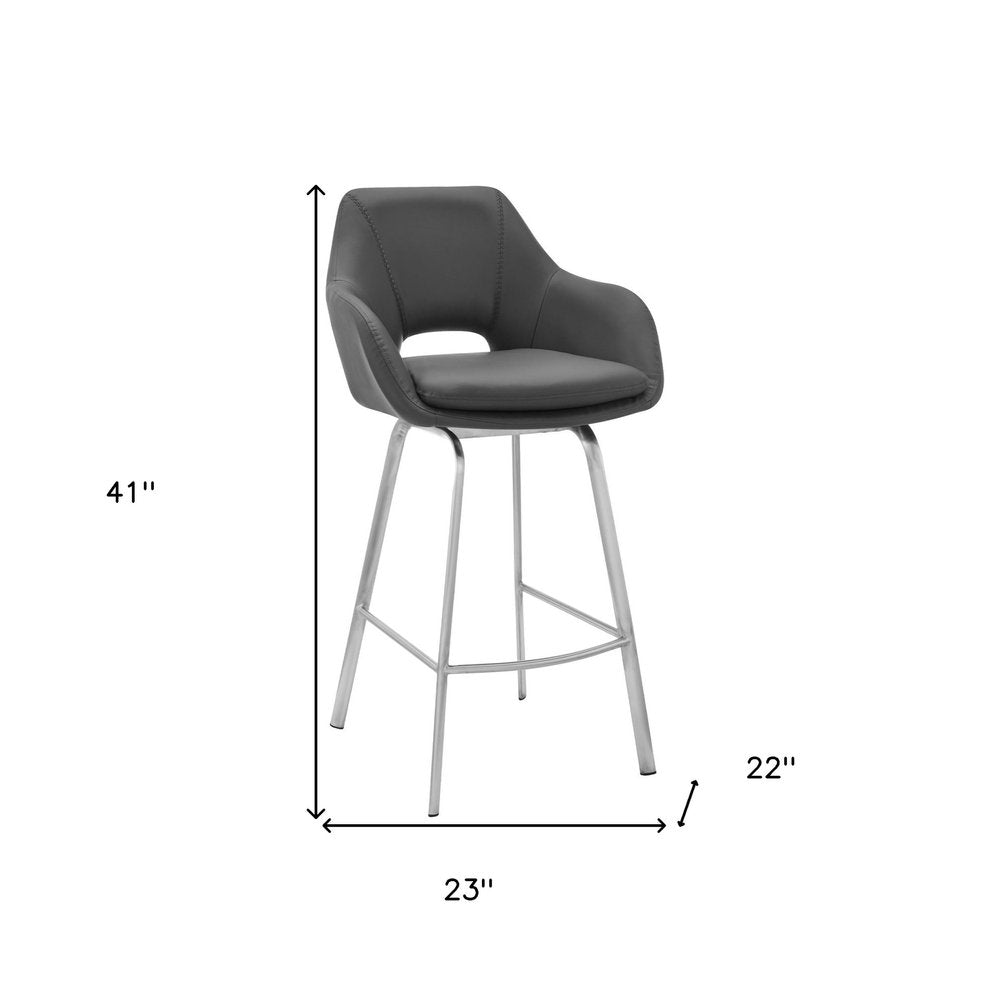 30" Gray And Silver Fabric And Iron Low Back Bar Height Swivel Bar Chair