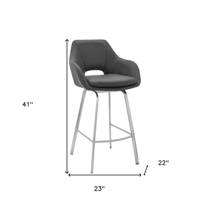30" Gray And Silver Fabric And Iron Low Back Bar Height Swivel Bar Chair