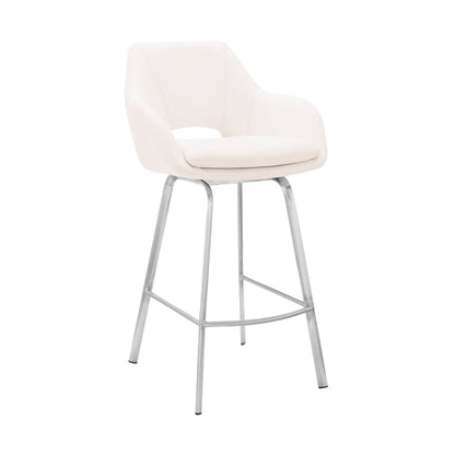 30" White And Silver Fabric And Iron Low Back Bar Height Swivel Bar Chair