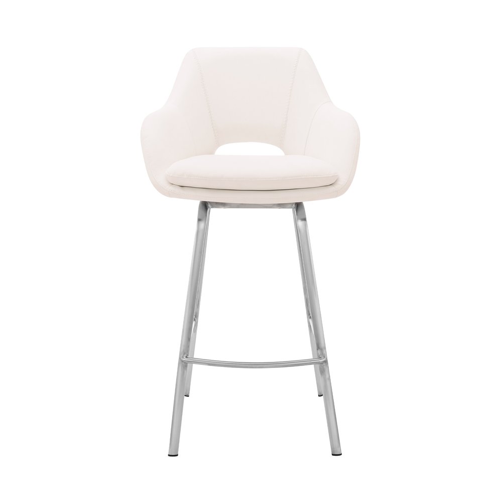 30" White And Silver Fabric And Iron Low Back Bar Height Swivel Bar Chair