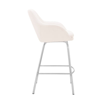 30" White And Silver Fabric And Iron Low Back Bar Height Swivel Bar Chair