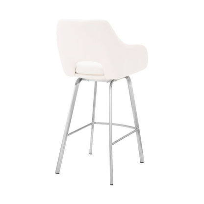 30" White And Silver Fabric And Iron Low Back Bar Height Swivel Bar Chair