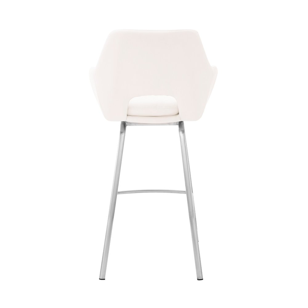 30" White And Silver Fabric And Iron Low Back Bar Height Swivel Bar Chair