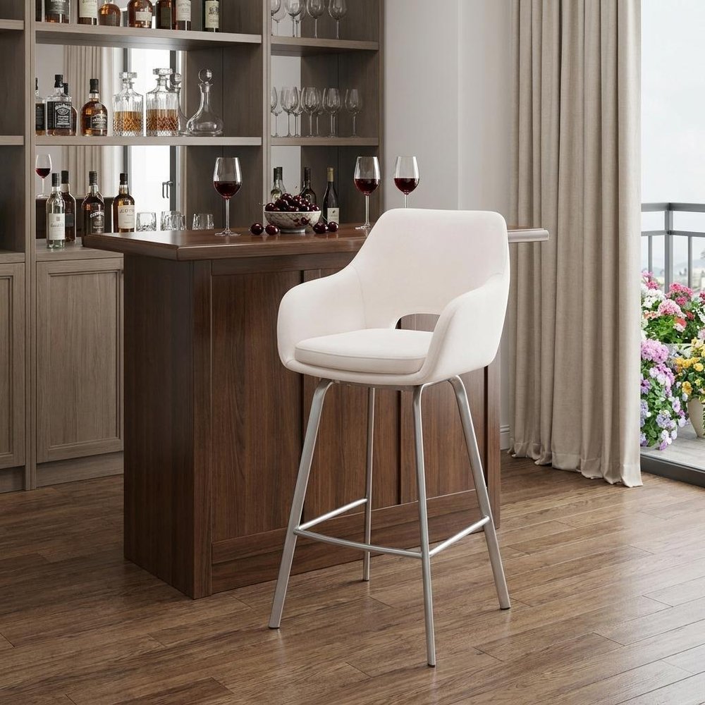 30" White And Silver Iron Swivel Low Back Bar Height Bar Chair