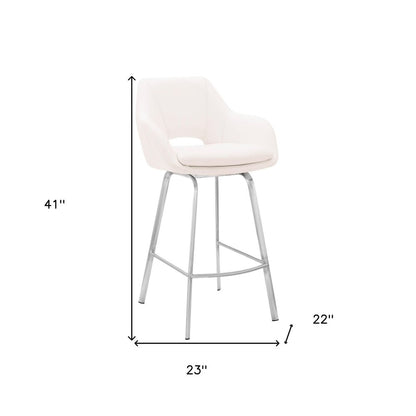 30" White And Silver Fabric And Iron Low Back Bar Height Swivel Bar Chair