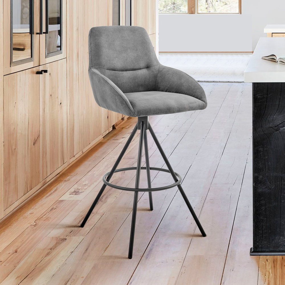 26" Charcoal And Black Fabric And Iron Counter Height Bar Chair