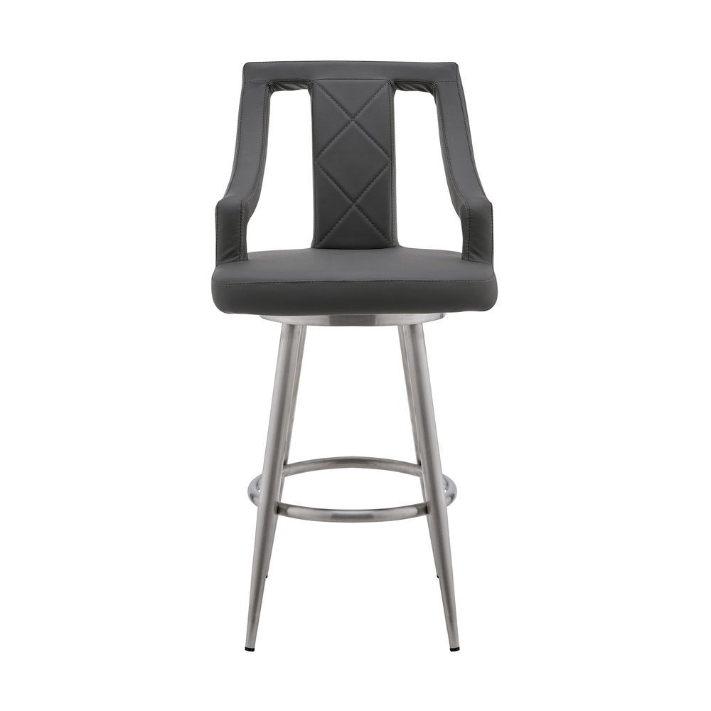 25" Gray And Silver Faux Leather And Fabric And Iron Counter Height Swivel Bar Chair
