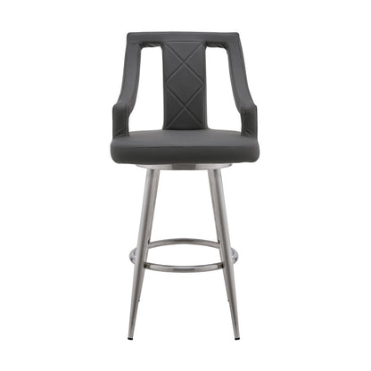 25" Gray And Silver Faux Leather And Fabric And Iron Counter Height Swivel Bar Chair