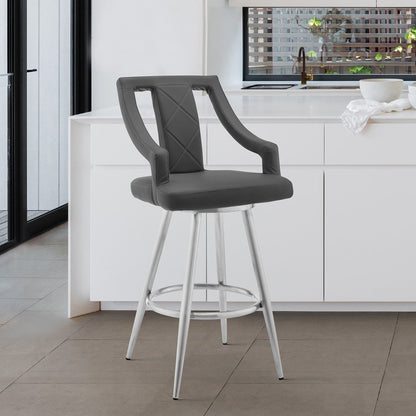 29" Gray And Silver Faux Leather And Fabric And Iron Bar Height Swivel Bar Chair