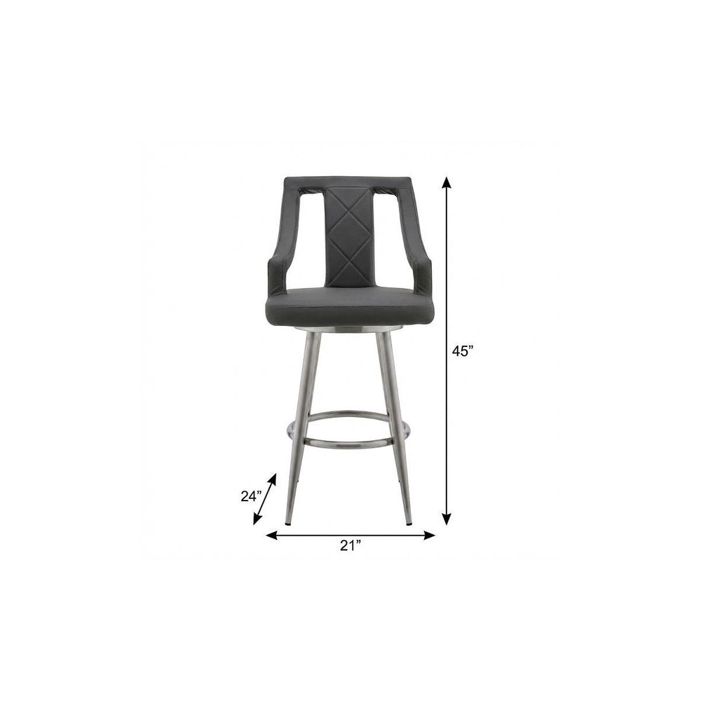 29" Gray And Silver Faux Leather And Iron Swivel Bar Height Bar Chair