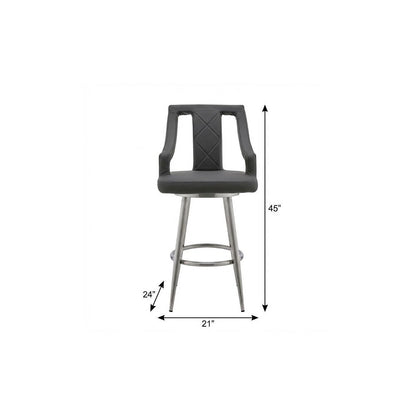 29" Gray And Silver Faux Leather And Iron Swivel Bar Height Bar Chair