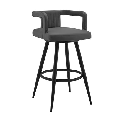 30" Gray And Black Faux Leather And Fabric And Iron Low Back Bar Height Swivel Bar Chair