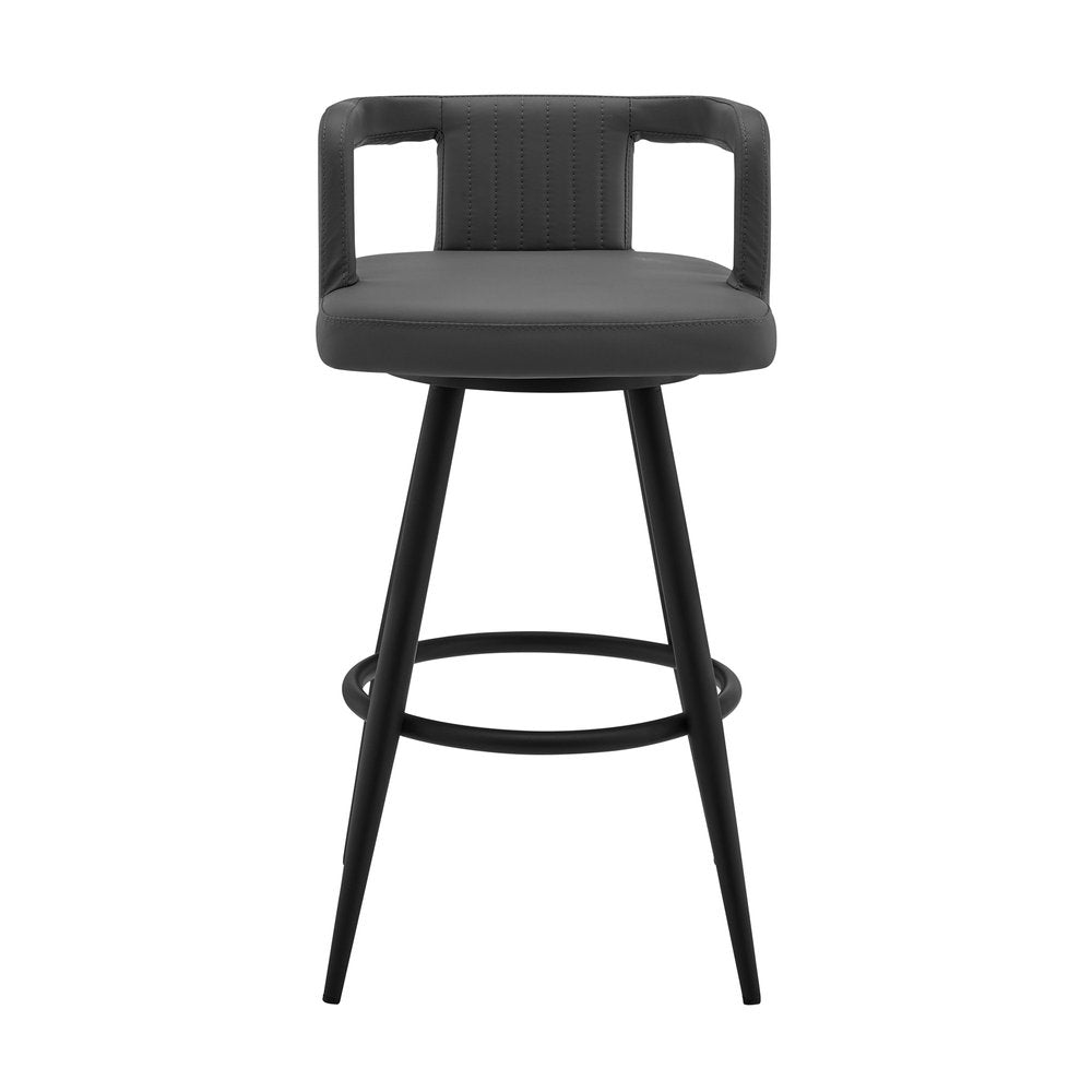 30" Gray And Black Faux Leather And Fabric And Iron Low Back Bar Height Swivel Bar Chair