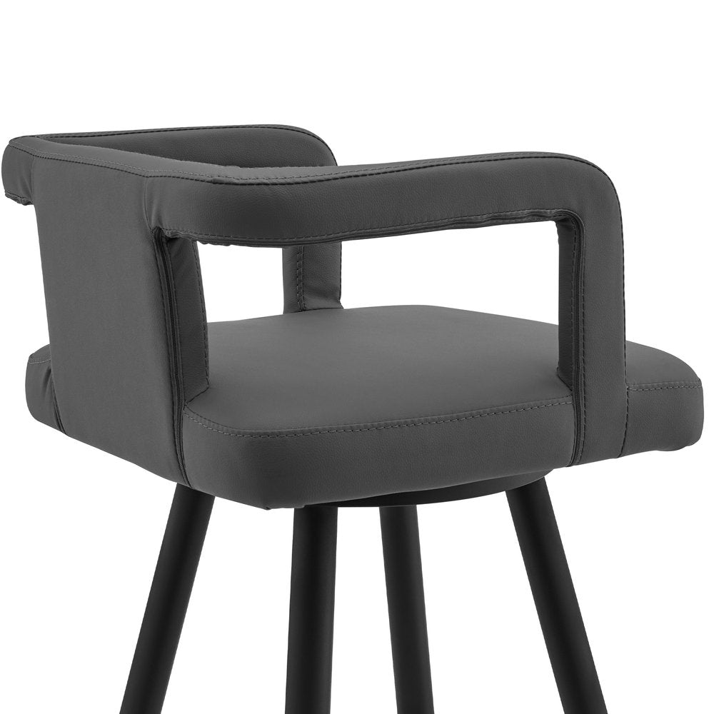 30" Gray And Black Faux Leather And Fabric And Iron Low Back Bar Height Swivel Bar Chair