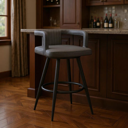 30" Gray And Black Faux Leather And Fabric And Iron Low Back Bar Height Swivel Bar Chair