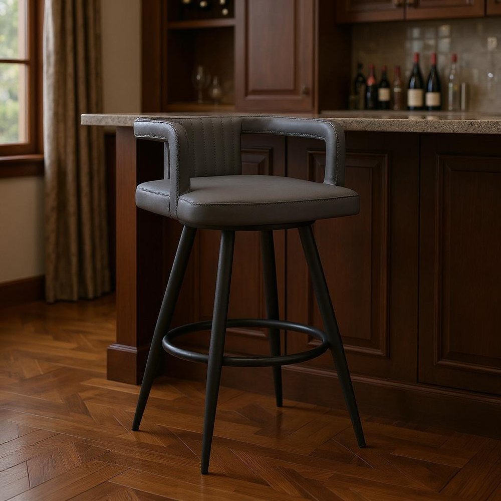 30" Gray And Black Faux Leather And Iron Swivel Low Back Bar Height Bar Chair