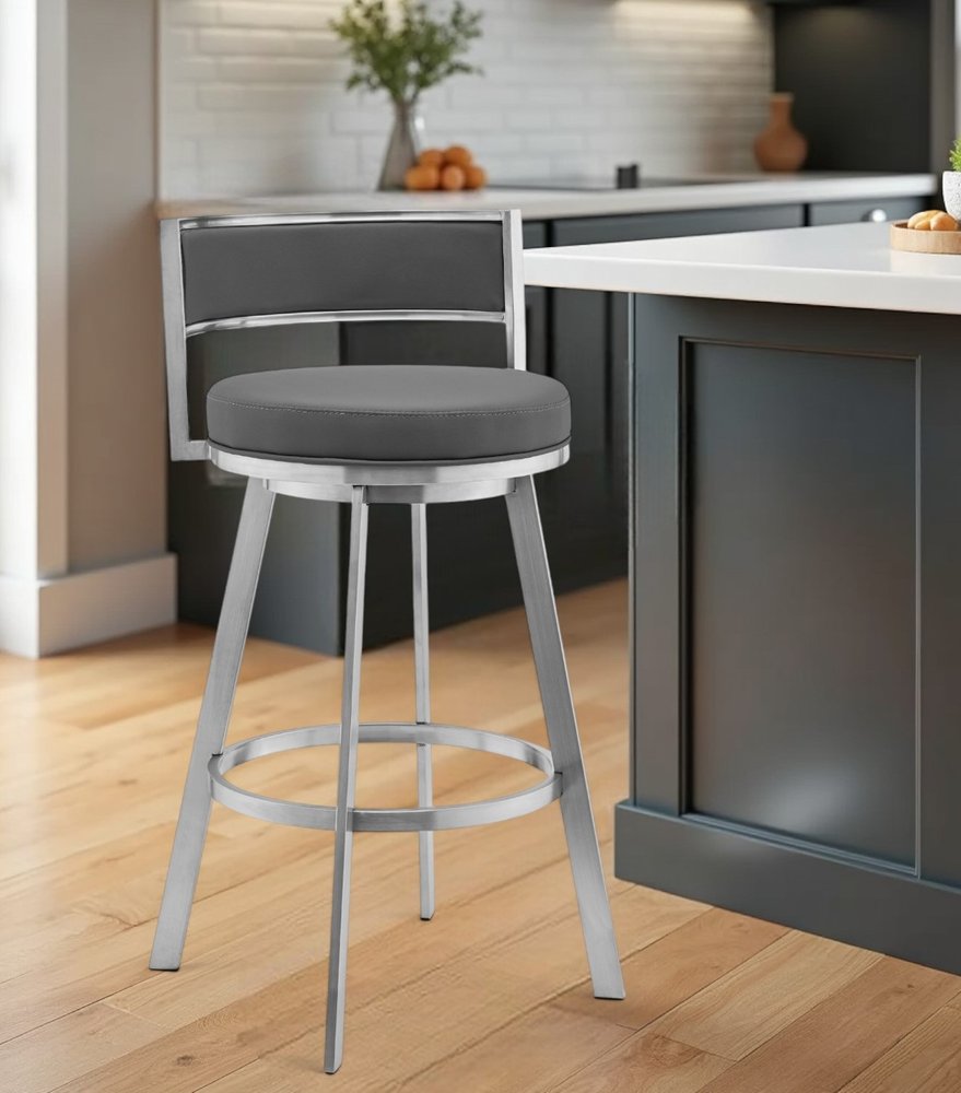 26" Gray and Silver Faux Leather and Iron Low Back Counter Height Swivel Bar Chair