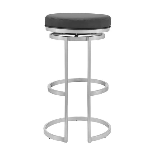 30" Gray And Silver Faux Leather And Iron Swivel Backless Bar Height Bar Chair