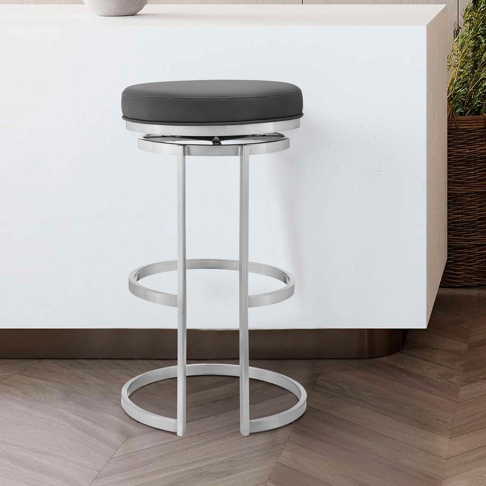 30" Gray And Silver Faux Leather And Fabric And Iron Backless Bar Height Swivel Bar Chair
