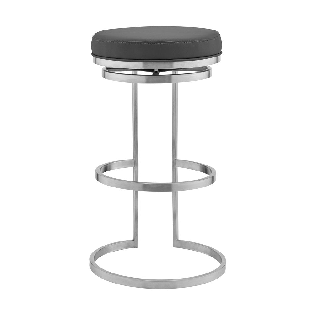 30" Gray And Silver Faux Leather And Fabric And Iron Backless Bar Height Swivel Bar Chair