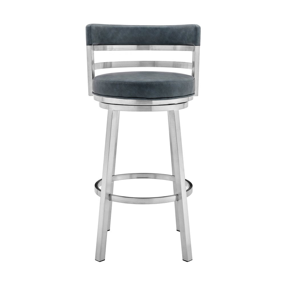 30" Blue And Silver Faux Leather And Fabric And Iron Low Back Bar Height Swivel Bar Chair