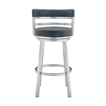 30" Blue And Silver Faux Leather And Fabric And Iron Low Back Bar Height Swivel Bar Chair