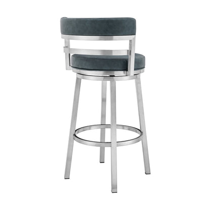 30" Blue And Silver Faux Leather And Fabric And Iron Low Back Bar Height Swivel Bar Chair