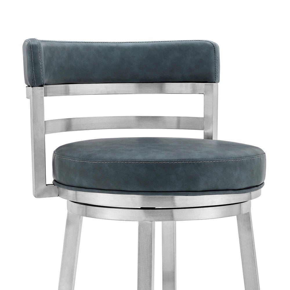 30" Blue And Silver Faux Leather And Fabric And Iron Low Back Bar Height Swivel Bar Chair