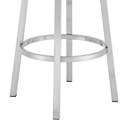 30" Blue And Silver Faux Leather And Fabric And Iron Low Back Bar Height Swivel Bar Chair
