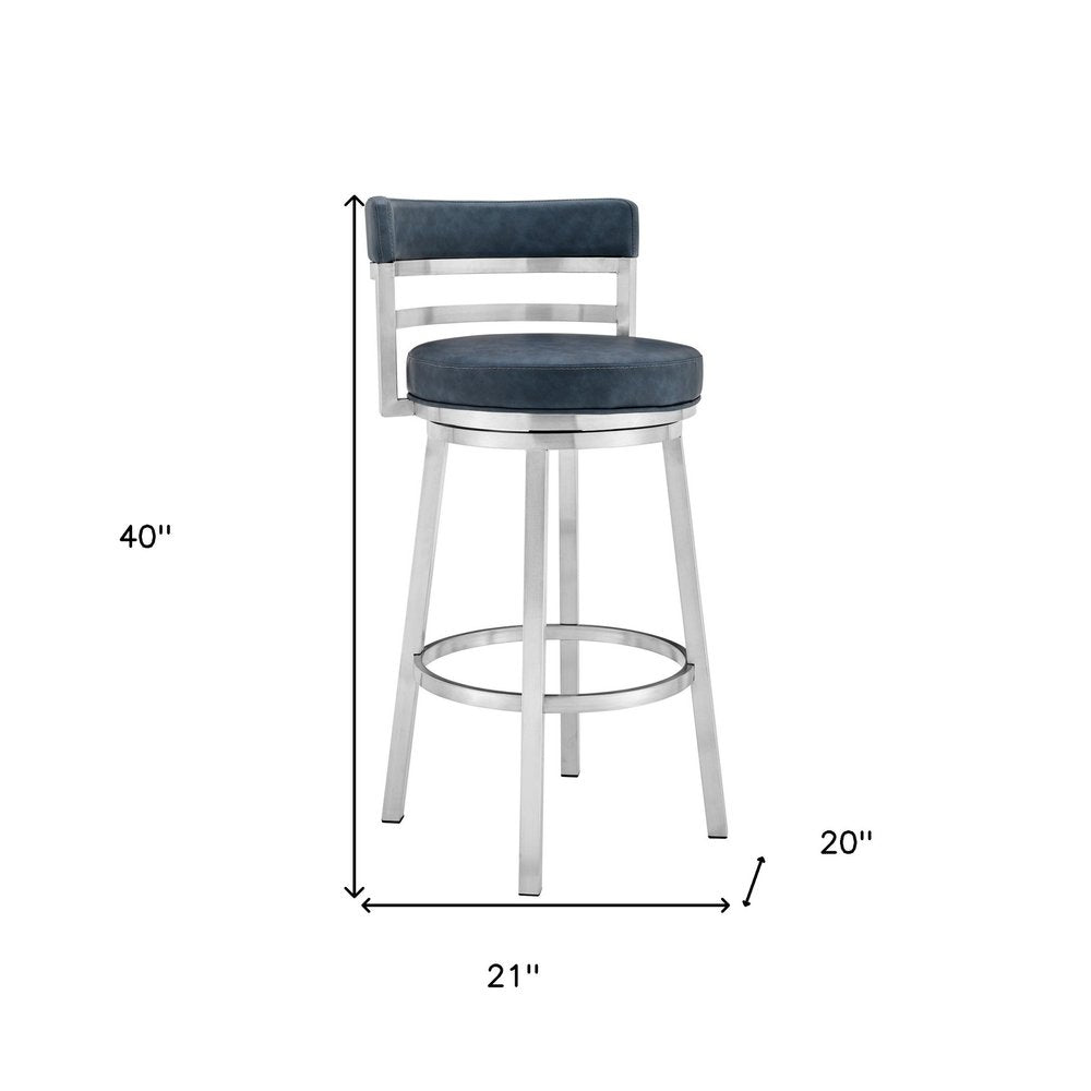 30" Blue And Silver Faux Leather And Fabric And Iron Low Back Bar Height Swivel Bar Chair