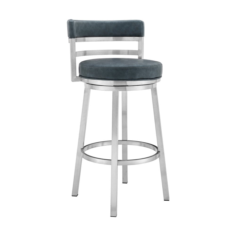 30" Blue And Silver Faux Leather And Fabric And Iron Low Back Bar Height Swivel Bar Chair