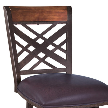 30" Brown Faux Leather And Fabric And Iron Bar Height Bar Chair