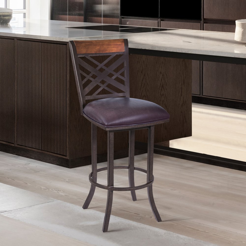 30" Brown Faux Leather And Fabric And Iron Bar Height Bar Chair