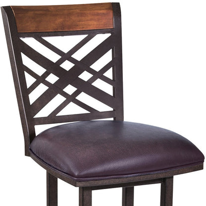 30" Brown Faux Leather And Fabric And Iron Bar Height Bar Chair