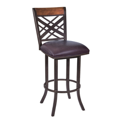 30" Brown Faux Leather And Fabric And Iron Bar Height Bar Chair