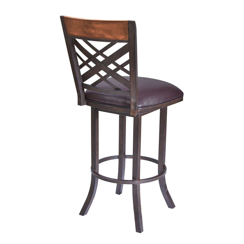30" Brown Faux Leather And Fabric And Iron Bar Height Bar Chair
