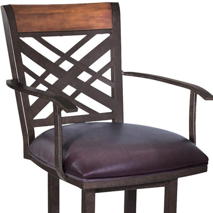26" Brown Faux Leather And Fabric And Iron Counter Height Bar Chair
